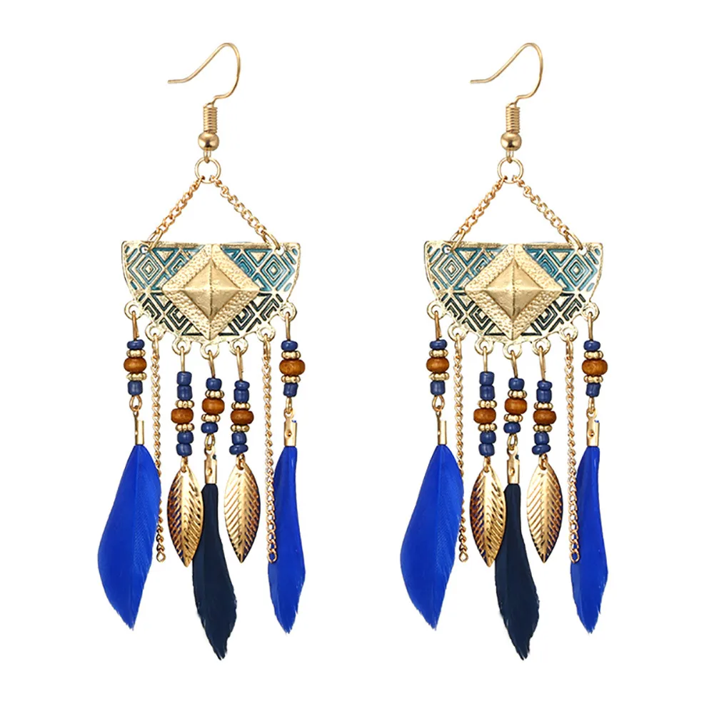 

Women Bohemian Fan-shaped Beaded Tassel Feather Earrings Drop Dangle Earrings For Women Jewelry #15