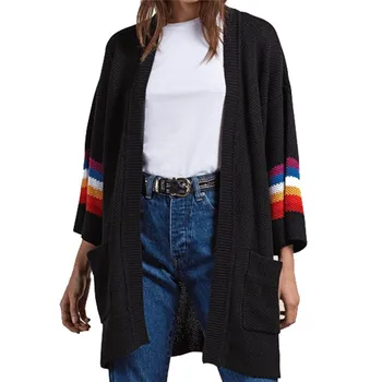 

Spring Autumn Western Style Fashion Loose Cute Patchwork Rainbow Striped SML XL Woman Casual Long Knitwear Lady Cardigan Sweater