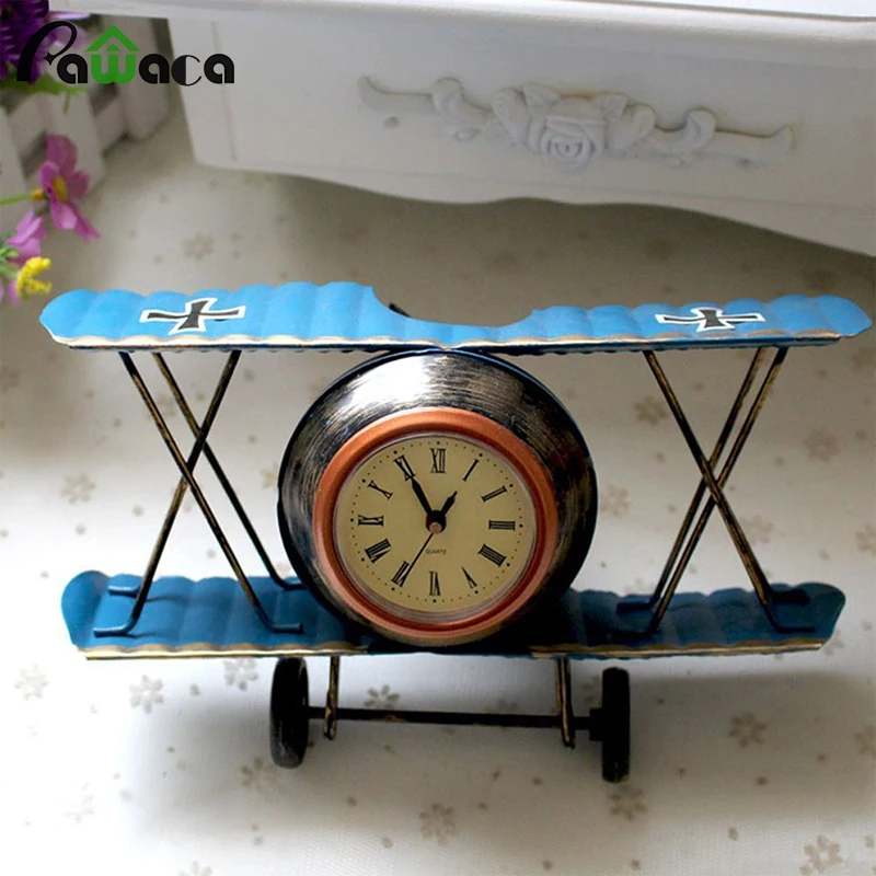 Iron Metal Retro Airplane Clock Desk Table Aircraft Alarm Clock