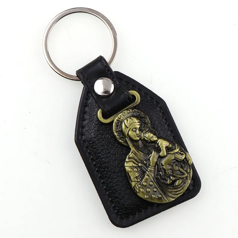 

PU Leather KeyChains Lady of Perpetual Help pendants for Men Black Tag Antique Bronze Plated Hook Key Holder Car Key Holder