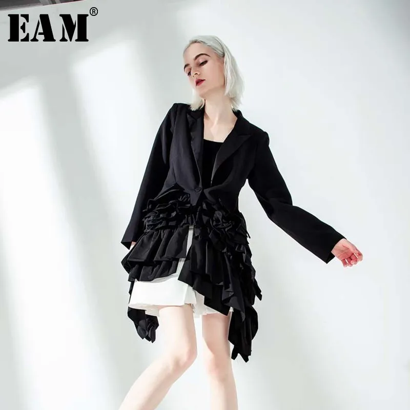 

[EAM] 2020 New Spring Autumn Lapel Long Sleeve Black Ruffles Pleated Stitch Loose Irregular Jacket Women Coat Fashion Tide JQ775