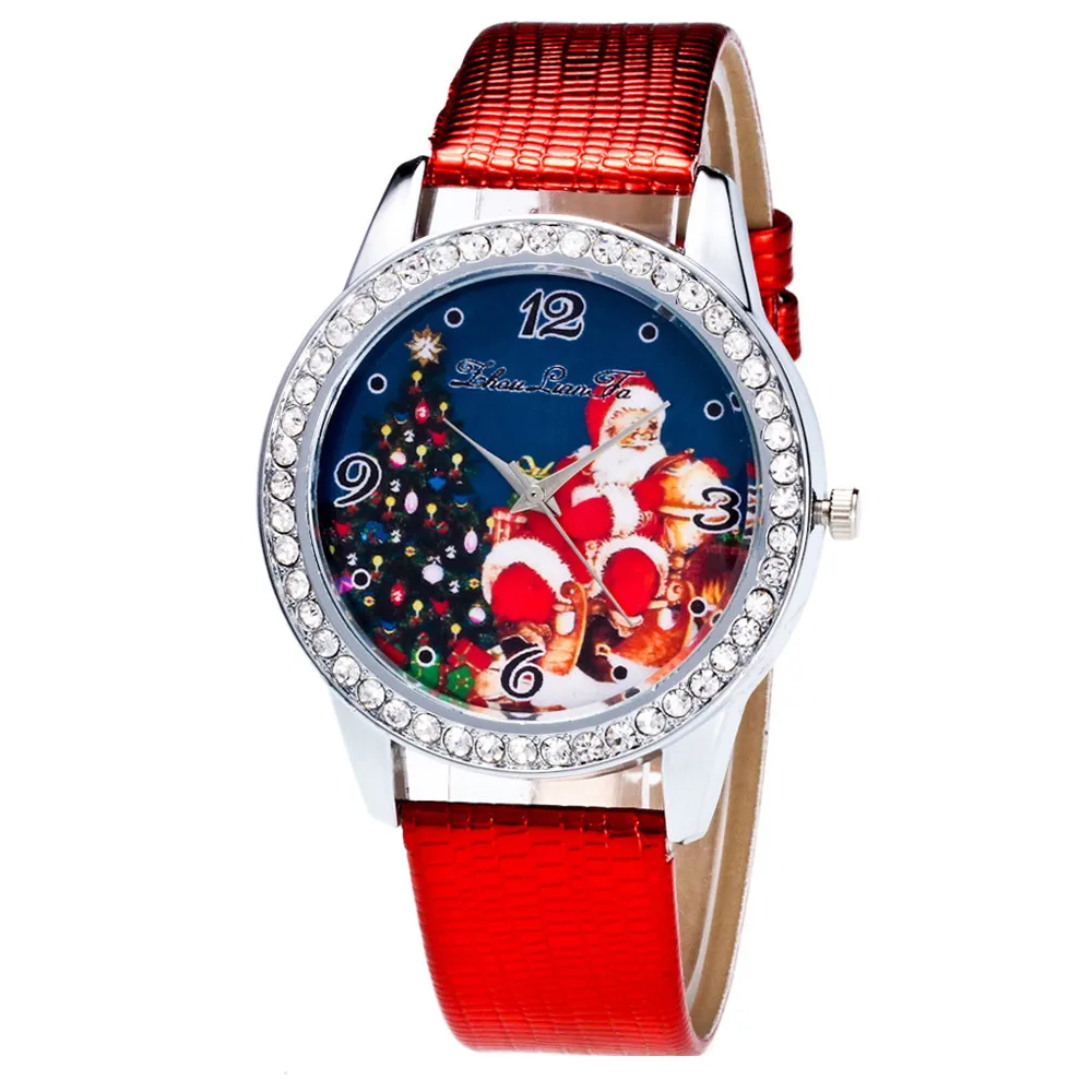 Рождественские подарки женские часы модные часы с рисунком Санта Клауса женские часы со стразами кожаный ремешок наручные часы черный