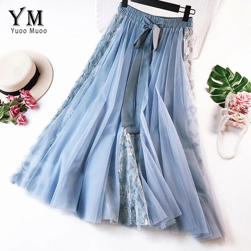 YuooMuoo кружевная вышитая тюль юбка корейская женская элегантная плиссированная длинная юбка с высокой талией Осенняя Женская Праздничная сетчатая юбка