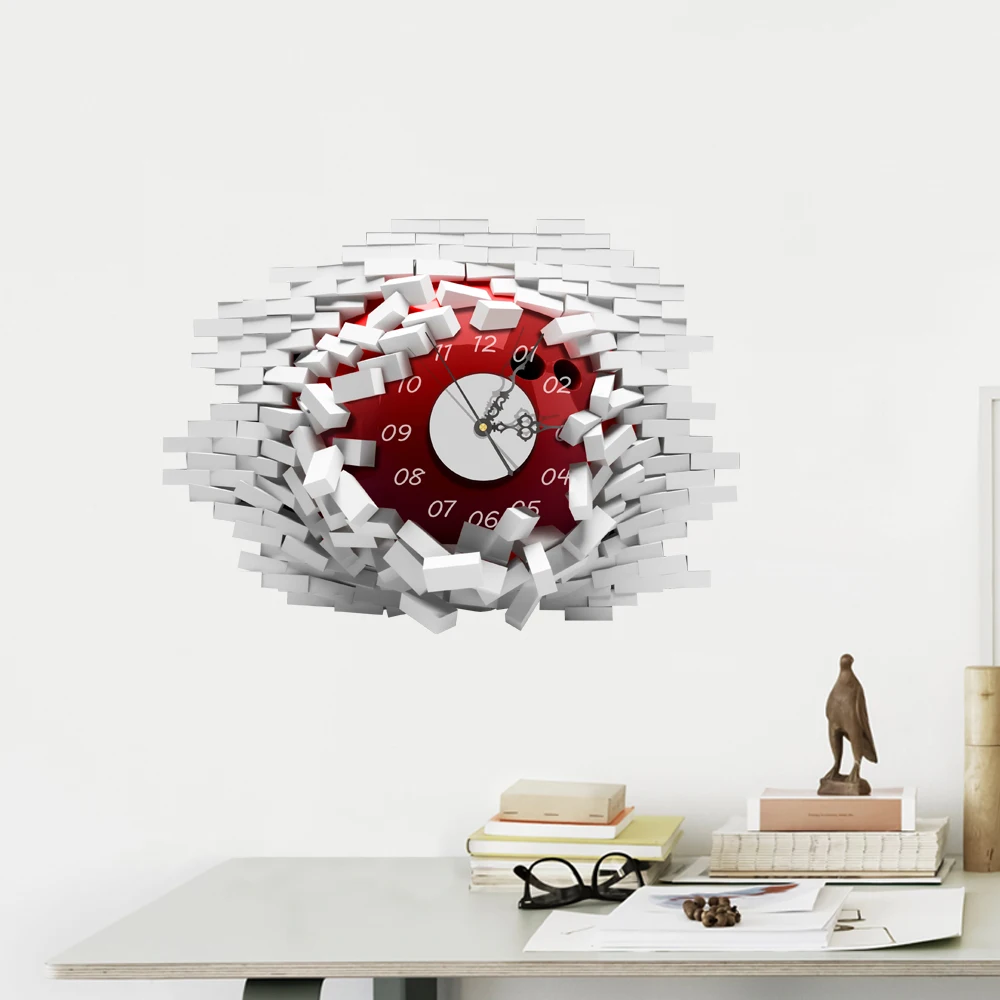 

Разбитая стена, новинка, тихая механические настенные часы, модные 3D Самоклеящиеся наклейки на стену для гостиной, спальни, домашний декор