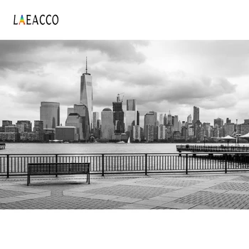 

Laeacco City Buildings Riverside Square Bench Railing Scenic Photography Backgrounds Photographic Backdrops For Photo Studio
