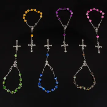 

8mm Fluorescent Colors Beads Rosary Bracelet With Silver Lobster Made Metal Maria Center & Jesus Crucifix Cross Pendants