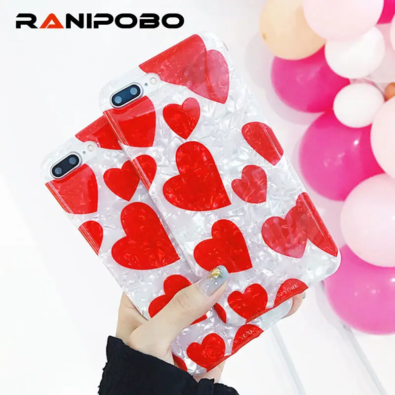 

Lovely Cute Love Heart Shell Pattern Phone Case For iPhone X 6 6S Plus 7 7Plus 8 8Plus Fashion shining Soft IMD Phone Back Cover