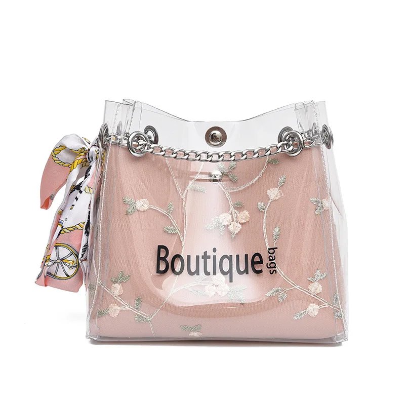 

Ougger Small Crossbody Ladies Bags Shoulder Bags Lady Style Pink PVC Bucket Bag with Letter Embroidery for Seaside,Beach