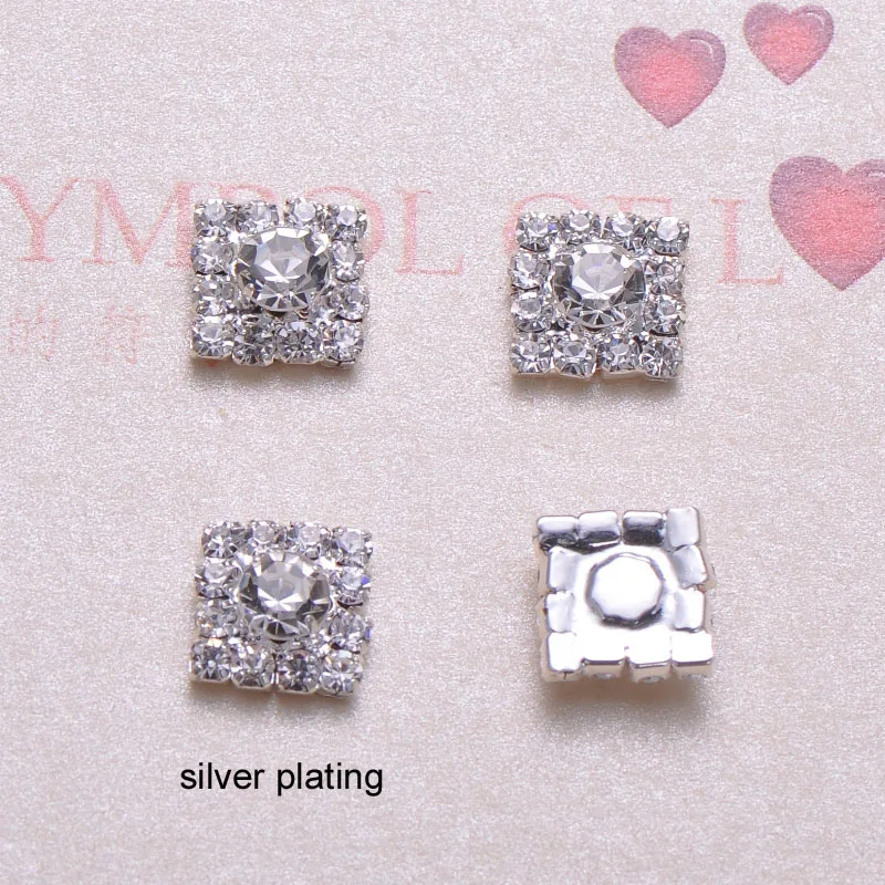 

(J0020) 10mm side length,100pcs/lot, CPAM free,rhinestone button,silver or gold plating