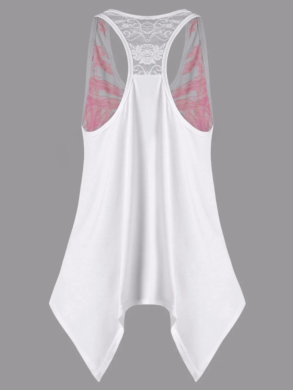 VESTLINDA Feather Print Lace Insert Handkerchief Tank Top Women Clothing Racerback Tank Top Summer 2018 Swing Tunic Tank Tops 7