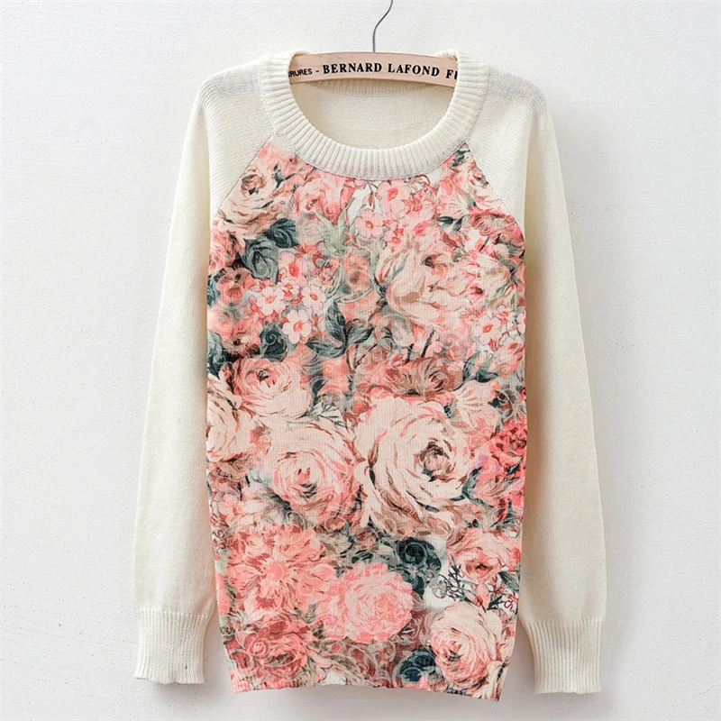 

Sweater fashion 2019 women's rose printing fashion warm new Sweater Long Sleeve Stretch Pure Sweater Top Fall Winter Pullove