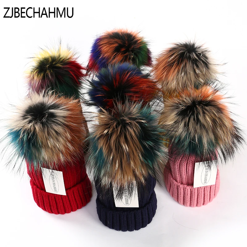 

ZJBECHAHMU Hats Winter Real Fox Fur Pompoms 15cm Hat Warm Skullies Beanies Hat Caps Women Girl Fashion Colorful Raccoon 2018 New