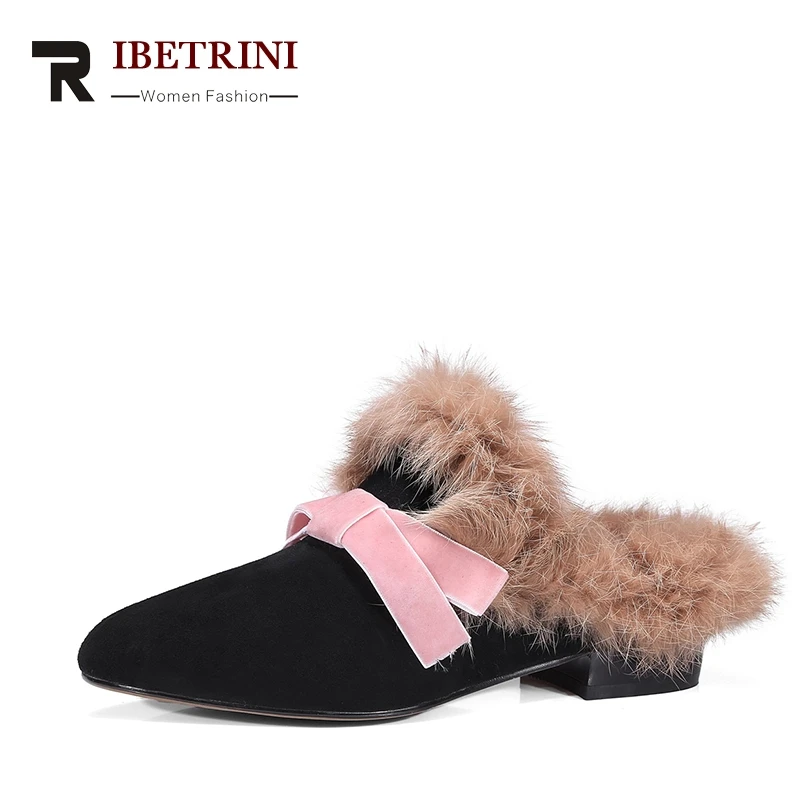 

RIBETRINI 2018 Spring Autumn Bow Kid Suede Mules Print Flower Fashion Low Square Heel Women Shoes Size 34-39