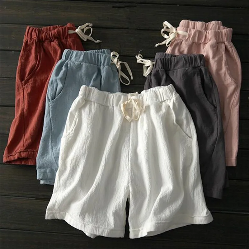 

2019 Summer Casual High Waist Shorts Women Plus Size 7XL 5XL Elastic Waist Cotton Linen Loose Tie Up Black Short For Women Black