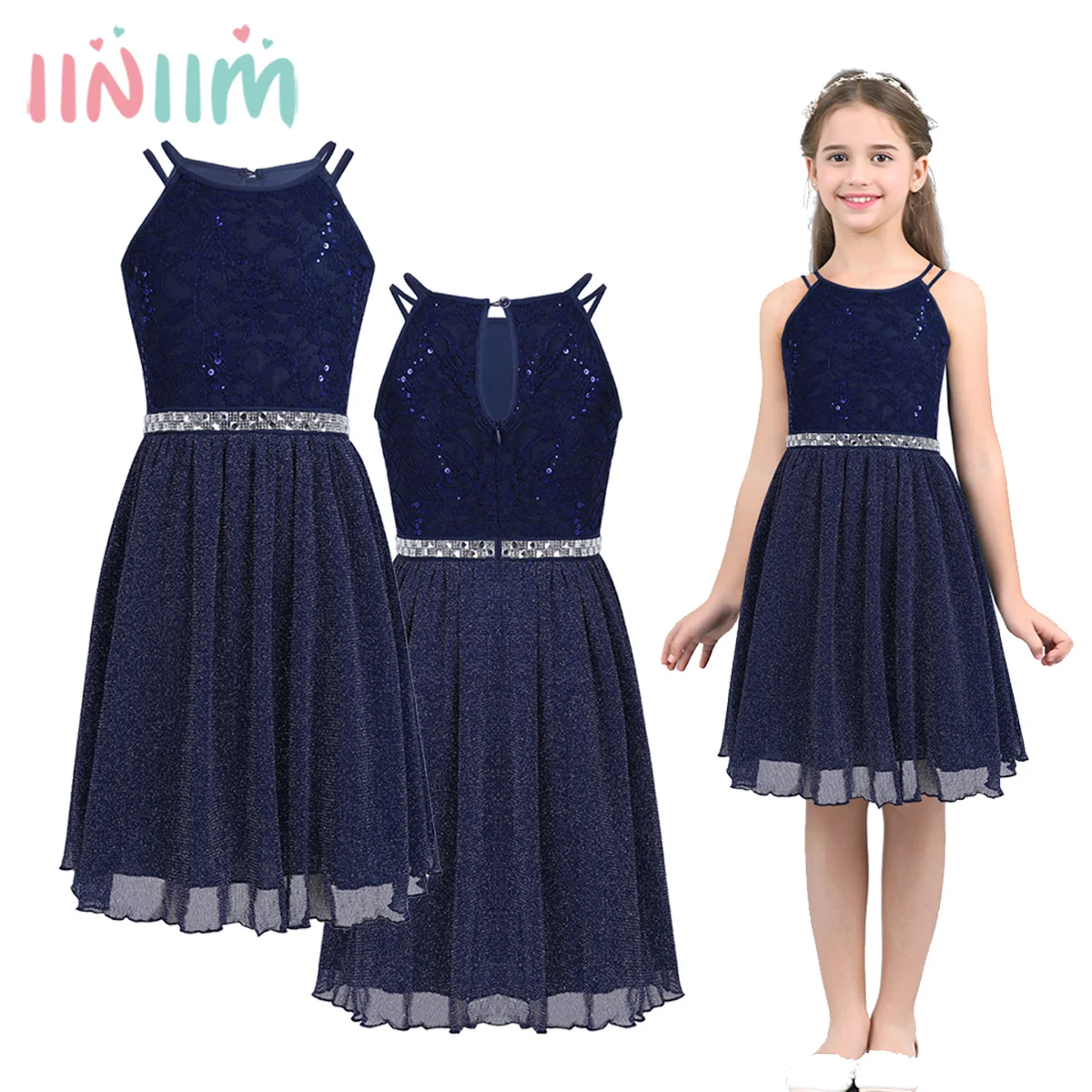 Children's Flower Girls Dress Sleeveless Sequined Floral Lace Shiny Dress...