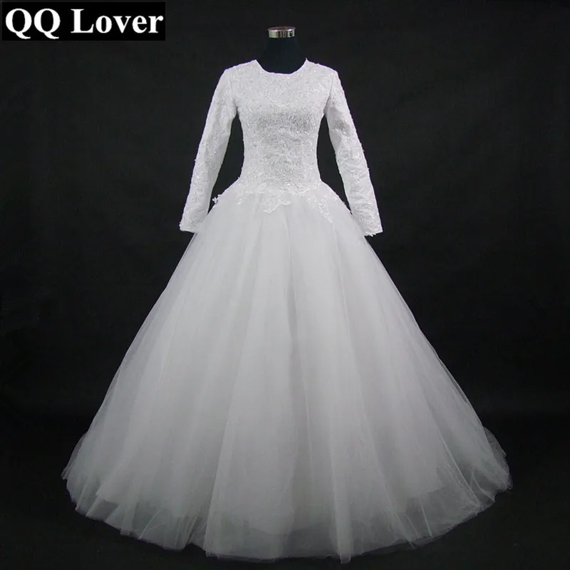 QQ Lover 2019 Новое поступление мусульманское с круглым вырезом с длинными рукавами кружевное свадебное платье на заказ большие размеры