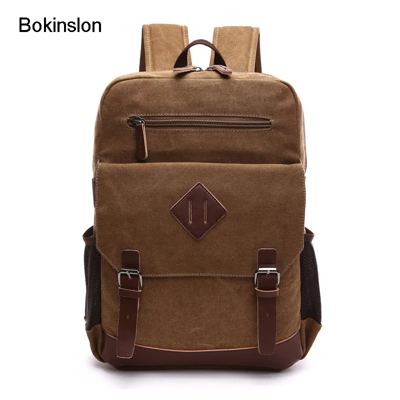 Bokinslon Men Backpacks Canvas Solid Color Male Travel Bags Casual