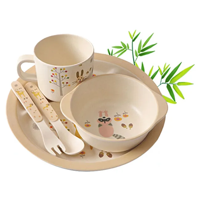 5Pcs/Set Cartoon Dinner Tableware Set Bamboo Fiber Children Dinnerware