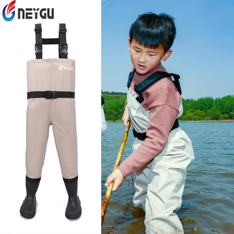 NEYGU Children's waterproof fishing chest waders attached rubber boots