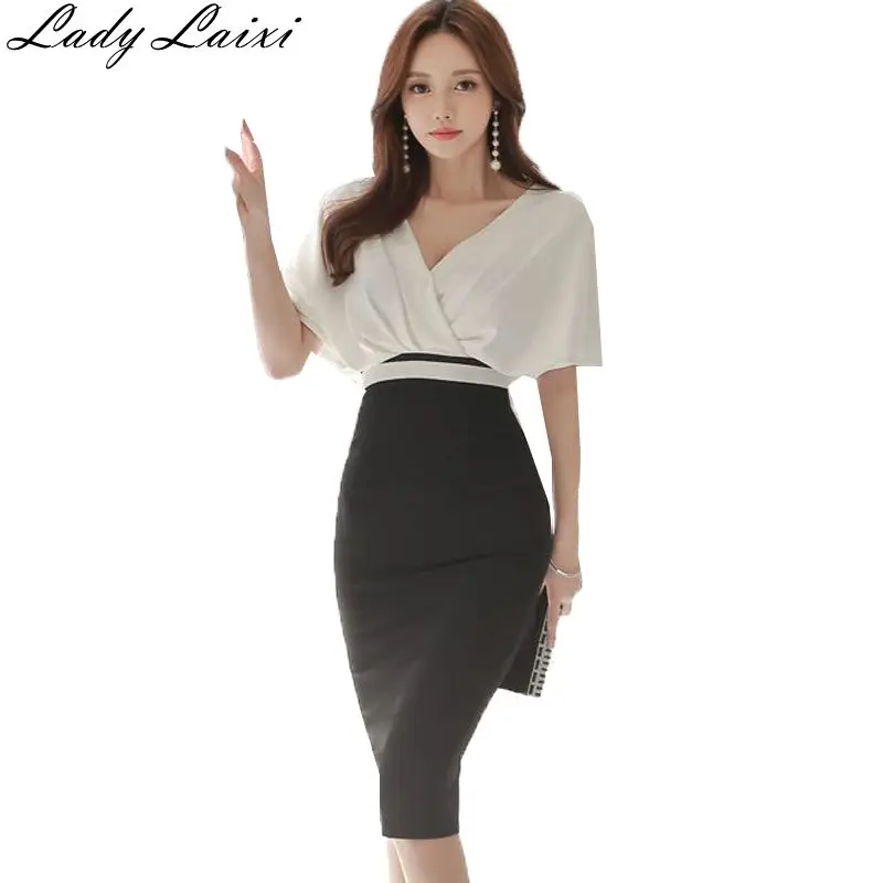 

2018 Summer New Office OL style Sexy V-Neck Slim Bodycon Short batwing Sleeve Women Wear to Work Pencil Dresses Ladies Vestidos