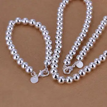 

Woman's Jewelry 925 stamped silver plated Hollow ball 20" 50cm necklaces 21cm bracelets Set male Bijoux Drop shipping