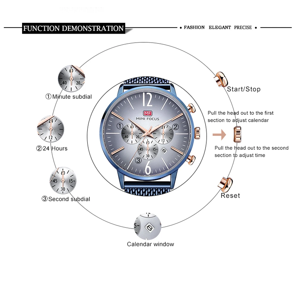 MINIFOCUS Лидирующий бренд модные роскошные Для мужчин часы Нержавеющая сталь сетка ремень наручные ультратонкой кварцевые часы для мужчин часы хронографы мужские