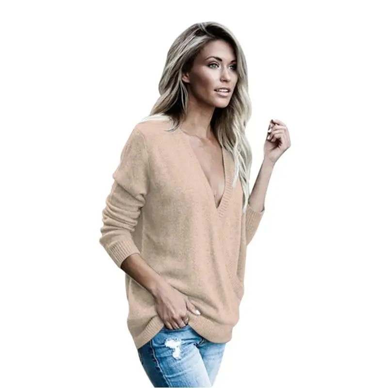 ADEWEL New 2017 Autumn Winter Sexy Deep V Neck Women Knitted Sweaters Blouse Ladies Casual Cross Front Loose Basic Sweater Tops (12)
