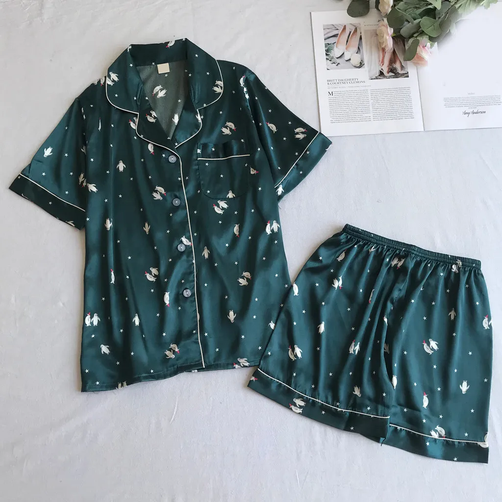 

Women Pajamas Button Shorts Girl Sleepwear Pyjamas Sets Summer Short Sleeve Silk Plus Size Casual Home Night Wear Sleep Loose