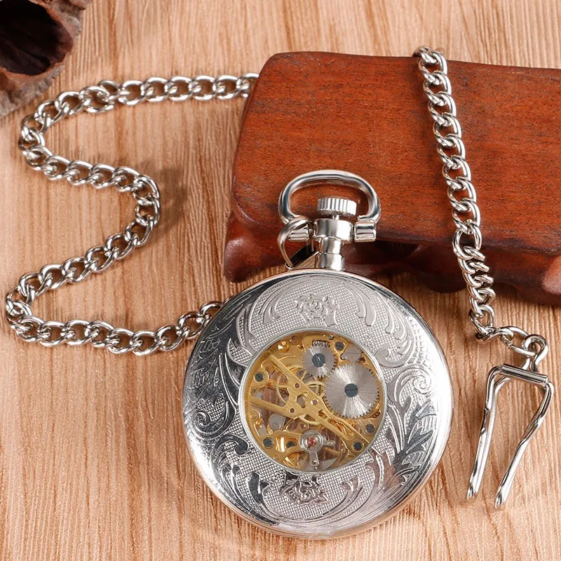 2016 Лидер продаж Винтаж часы Серебряный Прозрачный римские цифры часы-скелетоны карманные часы механический ручной взвод часы