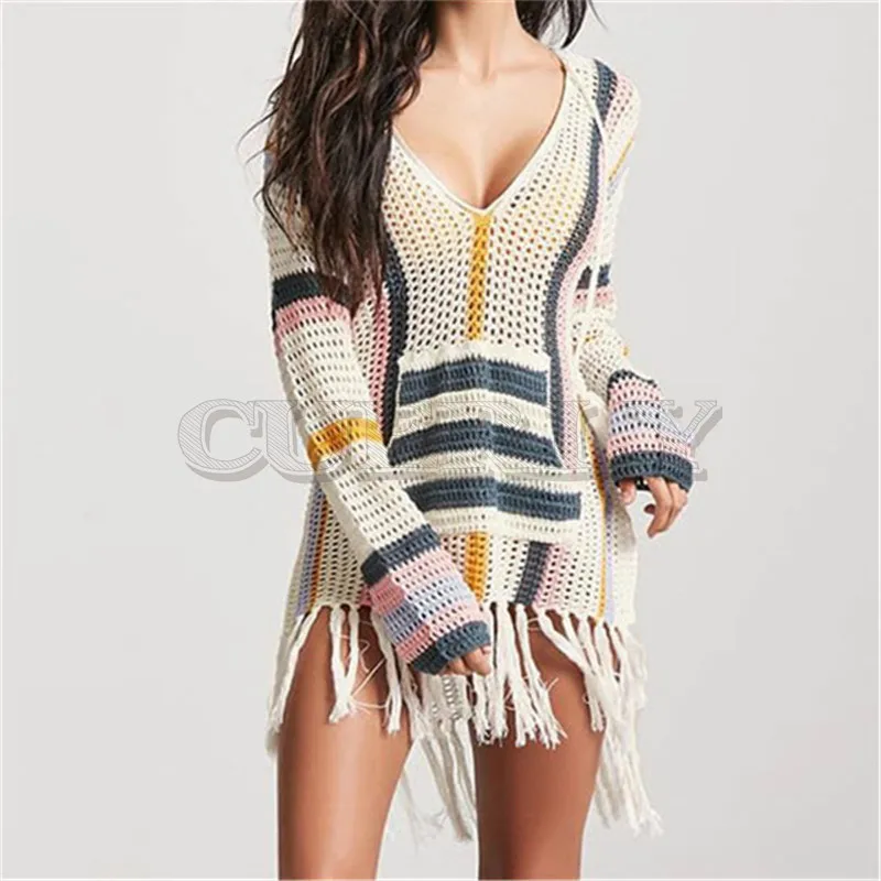 Image 2019 Bohemian Fringed Knitted Summer Beach Dress Crochet Tunic Women Beachwear Sexy Deep V Neck Long Sleeve Hot Mini Dress N760