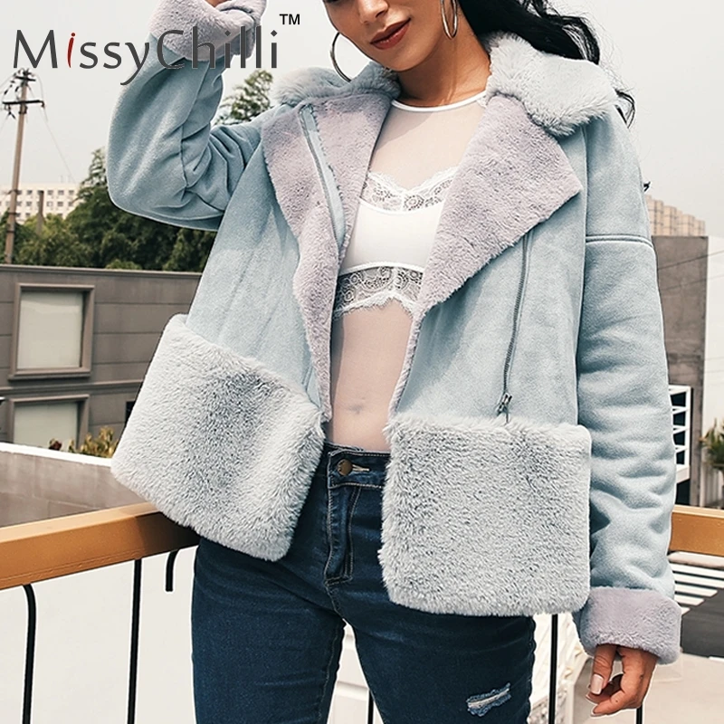 MissyChilli Faux fur patchwork leather suede coat Women autumn casual chic winter zipper coat female fluffy teddy coat outwear