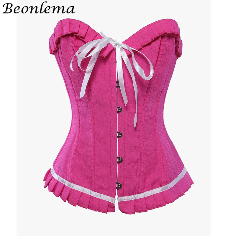 

BEONLEMA Comfortable Sweet Pink Gothic Lolita Corset Waist Bone Cute Pleated Lace Bustier ruffles Women Clothing Female Korse