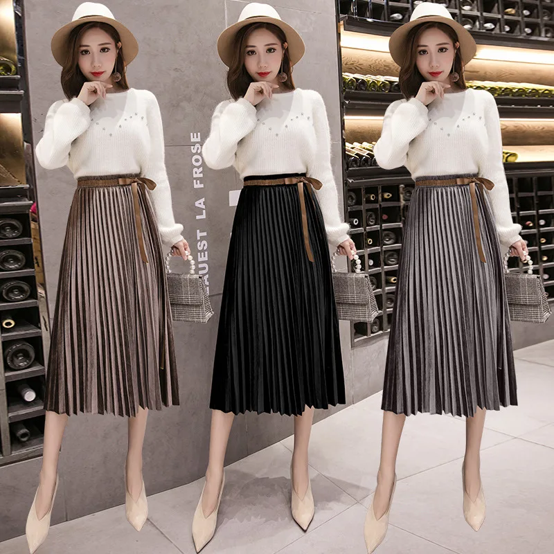 Юбка со складками WIHGTGolden бархатный бант и юбка средней длины и юбка с юбками черного цвета