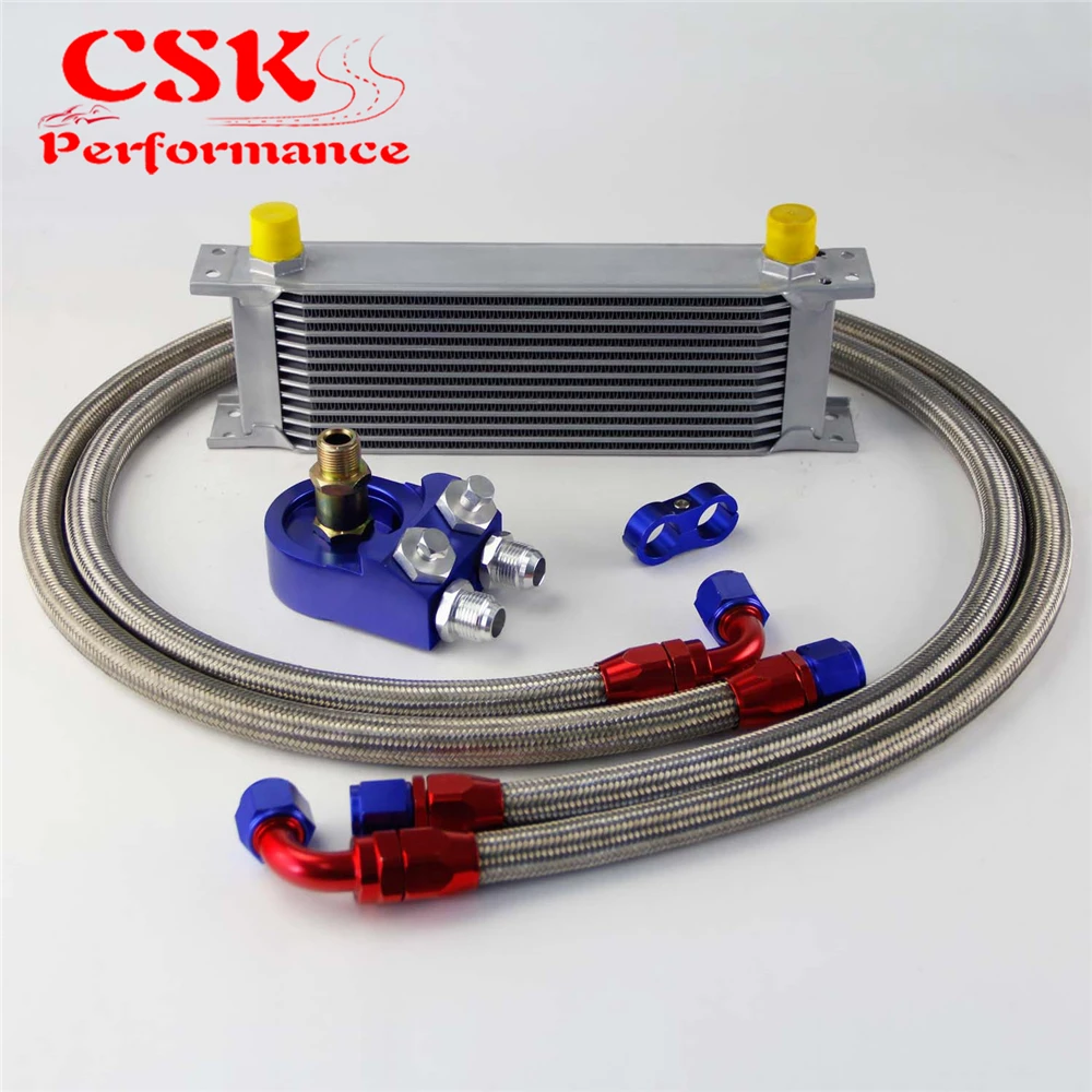 ^*Best Offers Universal 13 Row 248mm AN10 Engine Transmission Oil Cooler British Type + Aluminum Filter Adapter Kit Blue