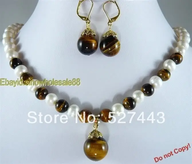 

Wholesale Fashion Set White freshwater Pearl & Tiger eye Stone Necklace Earring (A0423) -Top quality free shipping