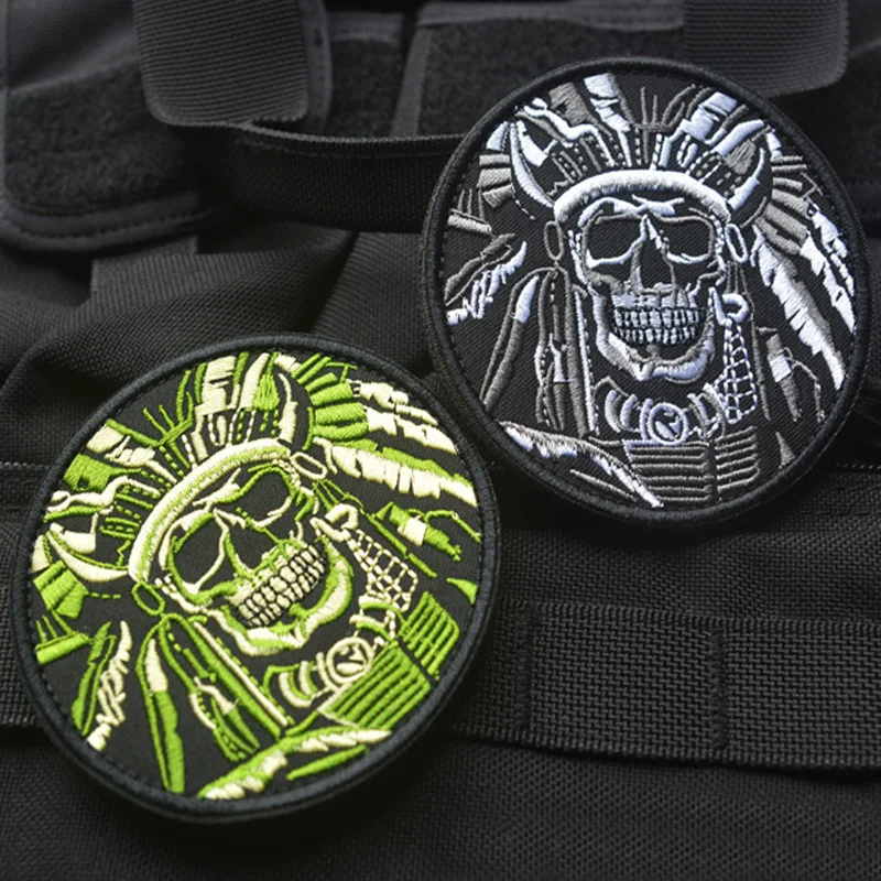 

Indian Chief Skull Tactical Patch Skeleton Head Morale Badge US Army Military Armband Patch For Jackets Jeans Backpack Cap Hat