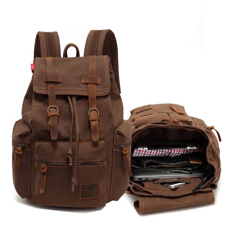 

Unisex Canvas mochila Vintage Backpack Leather Trim Casual Bookbag Men Women Laptop Travel Rucksack Plecak Men Women Back Pack