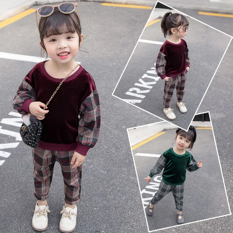 Осенне-зимняя детская одежда для мальчиков и девочек плотная рубашка с золотым бархатом+ штаны в клетку, комплект одежды из 2 предметов костюмы для подростков для От 0 до 6 лет