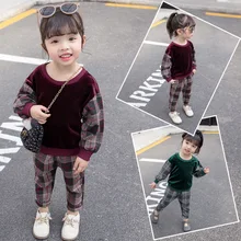 Осенне-зимняя детская одежда для мальчиков и девочек плотная рубашка с золотым бархатом+ штаны в клетку, комплект одежды из 2 предметов костюмы для подростков для От 0 до 6 лет