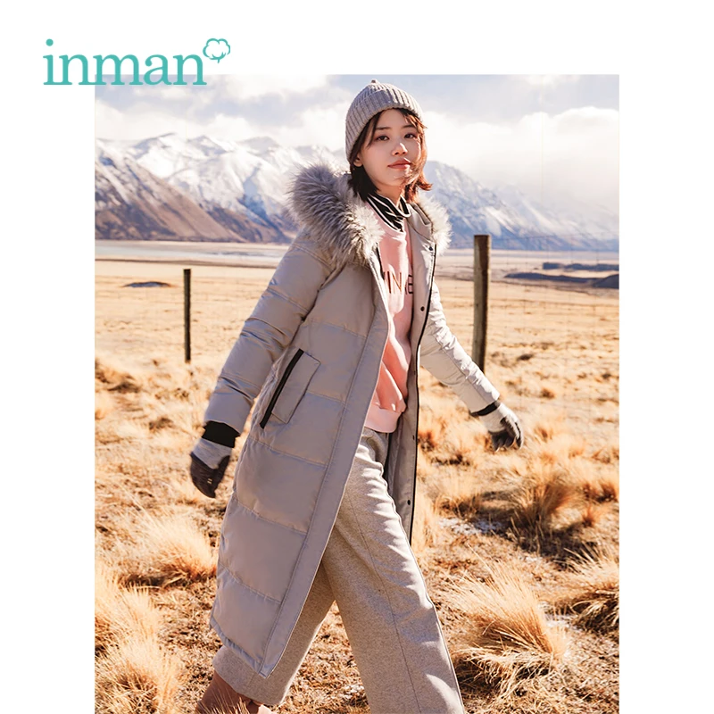 

INMAN Winter Female H Shape Fur Collar Hooded Warm Wild Style Long Section Down Coat