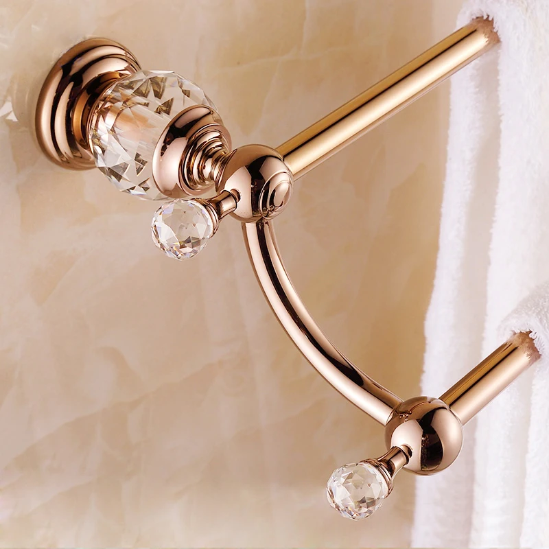 High Quality European Style Brass Rose Gold Crystal 60cm Towel Rail Double Towel Bar Bathroom Towel Holder Bathroom Accessories