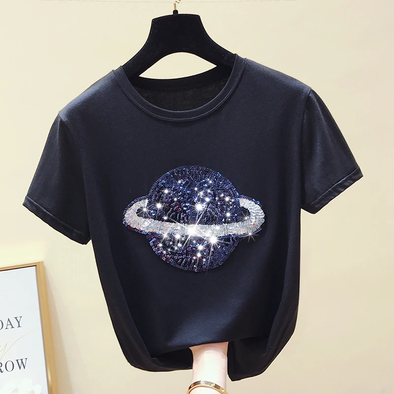  gkfnmt Cotton White Tshirt Women Tops Sequin Fashion Short Sleeve Vintage Female T-shirt Casual Bla