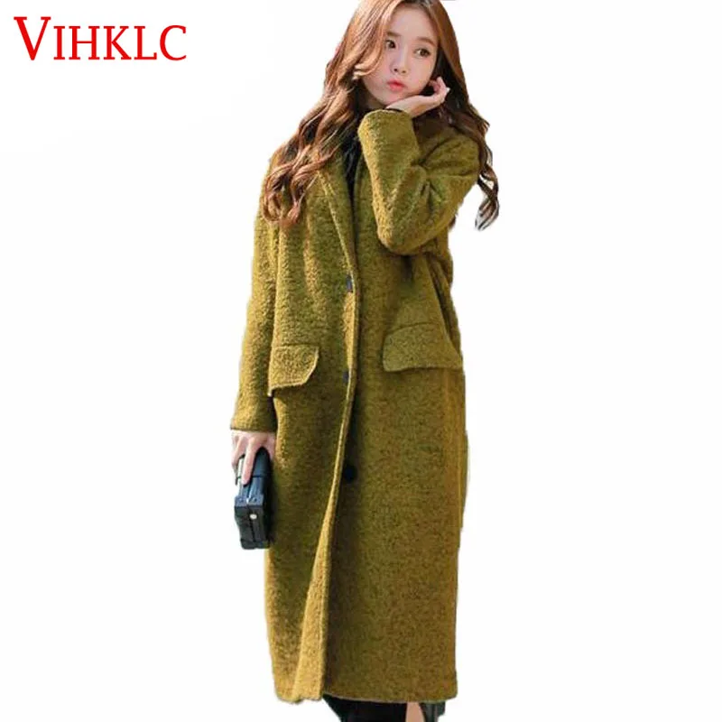 

New Fashion Loose Winter Green Wool Coat Women Long Wool Coat Female Wool & Blends Trench Thick Wide-waisted wool coat D248