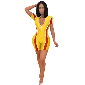 

Sexy Bodysuit Women Half Open V Collar Long Sleeve Jumpsuit Zipper Fly Shorts Outfit Patchwork Ladies Solid Playsuit