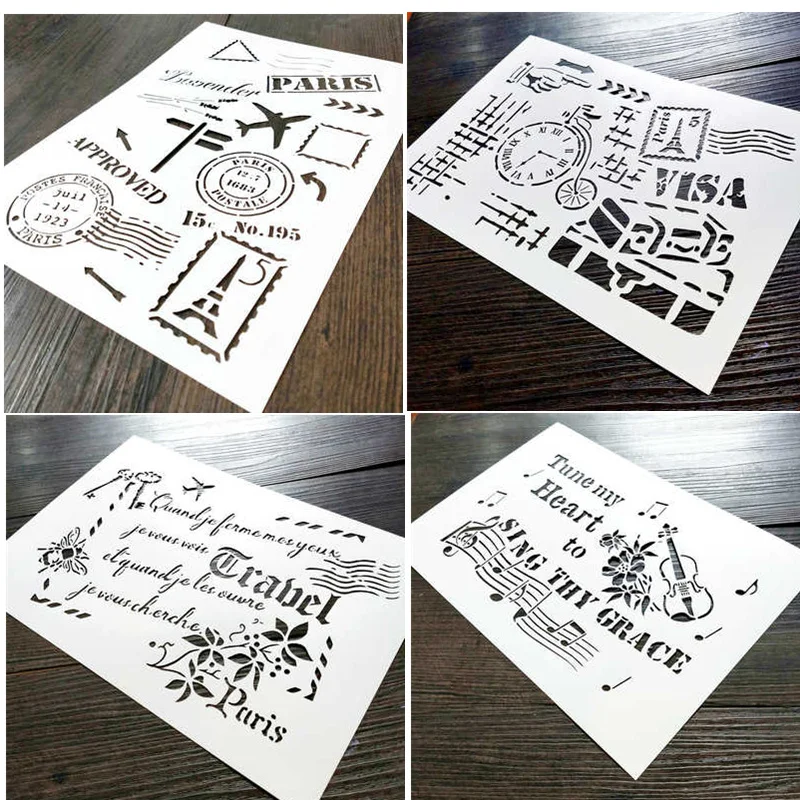 

4 piece A4, Vintage France Travel Stencil,French words, Music notes Reusable Template Designs for Scrapbook,Crafting,DIY Album