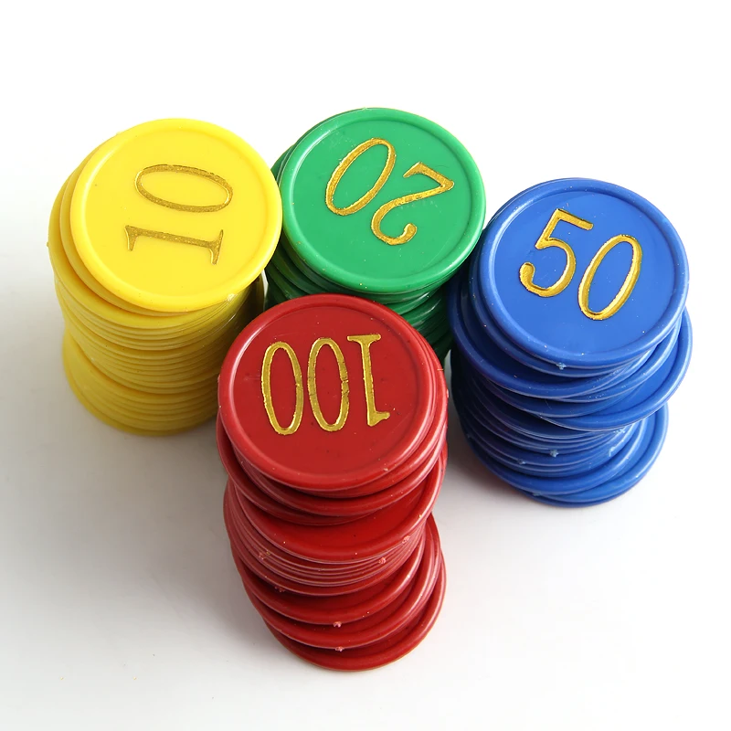 

160Pcs Plastic Poker Chip with 4 Golden Large Numbers Printing for Gaming Tokens Plastic Coins - Yellow+Green+Red+Blue