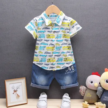 

2019 Summer Baby Boys 2Pcs Suits Cartoon Car Lapel Collar Short Sleeve Shirts + Denim Jeans Pants Children Kids Clothing Sets