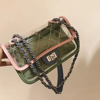 

2018 new style leisure hundred-lap lock INS super fire oblique span chain small side bag pink Transparent shoulder bag