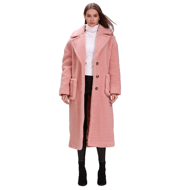 

winter thick and warm 3 row buttons with pocket pink oversize X-long teddy coat
