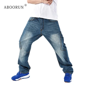 

ABOORUN Men's Harem Baggy Jeans Hip Hop Patchwork Straight fit Jeans Skateboard Denim Pants for Male B1167
